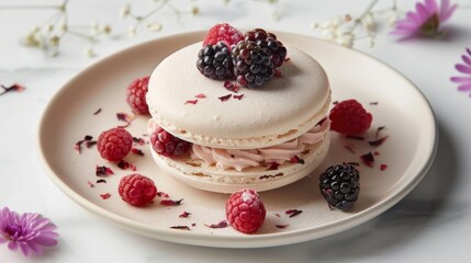 A delicate rosewaterinfused macaron with a center of fresh berries reminiscent of a stroll through a blooming garden.