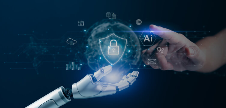 Robotic and human hands with AI cyber security hologram, indicating data protection and technological defense. Ideal for tech firms, cyber security, digital safety. 