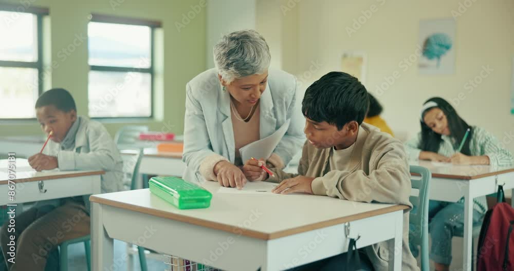 Poster exam, teacher and students in classroom for group, test and knowledge in elementary school. educatio
