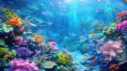 Fototapeta premium A colorful underwater scene showcasing diverse coral reefs and exotic fish swimming in a sunlit ocean. Generative AI
