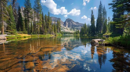 A serene campsite on the edge of a clear, reflective lake surrounded by towering pine trees and a distant mountain range.