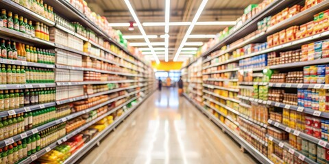 Fototapeta premium Blurred background of a supermarket aisle interior , grocery, shopping, retail, food, shelves, products, convenience