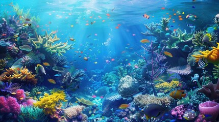 Obraz premium An underwater scene featuring a diverse array of colorful fish and marine life swimming among vibrant coral reefs. Generative AI