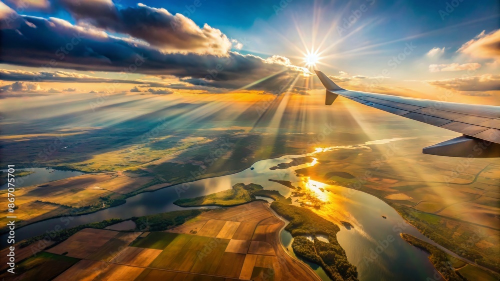Wall mural Softly lit aerial view of Astrakhan region's vast landscape, blurred and partially obscured by airliner's wing, sunbeams, and glare. - Wall murals