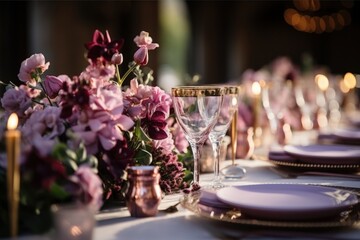 Romantic Table Setting with Pink Flowers and Wine Glasses