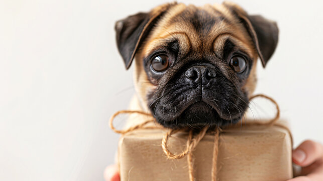 Cute pug with a silly face and a gift, isolated on white background