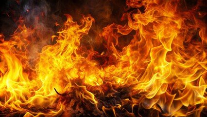 Fototapeta premium Flames engulfing a dark background with yellow and orange hues, intense heat radiating from the blazing inferno, smoke rising.