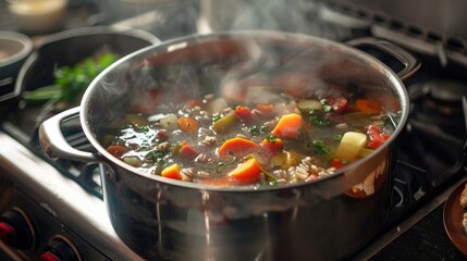 A pot of wild rice and vegetable soup simmers on a stovetop filling the room with enticing aromas.