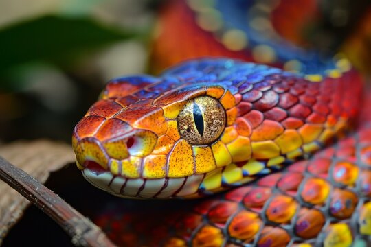 Close up of a colorful bush viper snake resting on a branch in nature