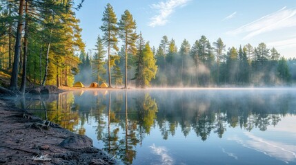 Fototapeta premium A serene campsite on the shore of a tranquil lake, with tall trees reflected in the calm water and mist rising in the morning light.