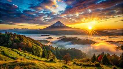 Vibrant sunrise over majestic mountain peak with rolling hills and misty valley, evoking feelings of determination and personal growth.