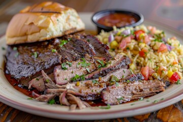 Sliced smoked brisket with side dish of rice and corn salsa served with bread and bbq sauce