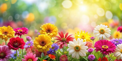 Fototapeta premium Product background with colorful flowers in full bloom, floral, spring, vibrant, nature, botanical, design, feminine