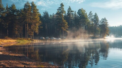 A serene campsite on the shore of a tranquil lake, with tall trees reflected in the calm water and mist rising in the morning light.