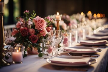 Romantic Wedding Table Setting with Pink Flowers