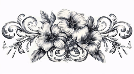 Elegant hand-drawn floral frame with swirls, vintage style, isolated on white