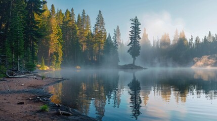 Fototapeta premium A serene campsite on the shore of a tranquil lake, with tall trees reflected in the calm water and mist rising in the morning light.