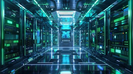 Futuristic Data Center with Holographic Interface - Generative AI