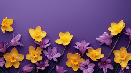Yellow daffodils and purple flowers on a vibrant purple background. Spring floral arrangement with copy space.