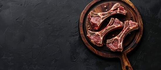 Fresh lamb chops displayed in a wooden platter against a black backdrop, overhead perspective with room for text.
