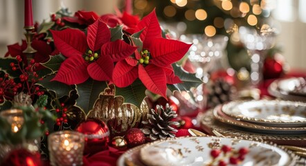 Festive Christmas Table Setting With Red Poinsettia Centerpiece