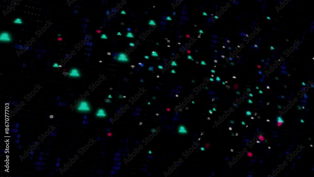 Poster Icon, hologram and black background for global networking with communication, digital interface and virtual display. Technology, social and worldwide or international engagement, exchange and economy
