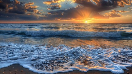 Obraz premium A serene coastal scene with gentle waves lapping at the shore, under a vibrant sunset sky.