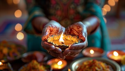 Close-up photo of a hand holding an oil lamp, with henna art on the finger and a background featuring traditional Indian elements