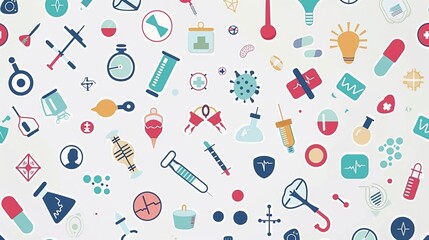 Seamless pattern with medical icons on white background.  Medical background contains line style symbols.