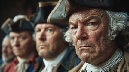 Three men in old fashioned hats and coats are standing together
