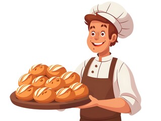 Cheerful Cartoon Chef Holding Fresh Baked Bread on Tray  Isolated on White Background