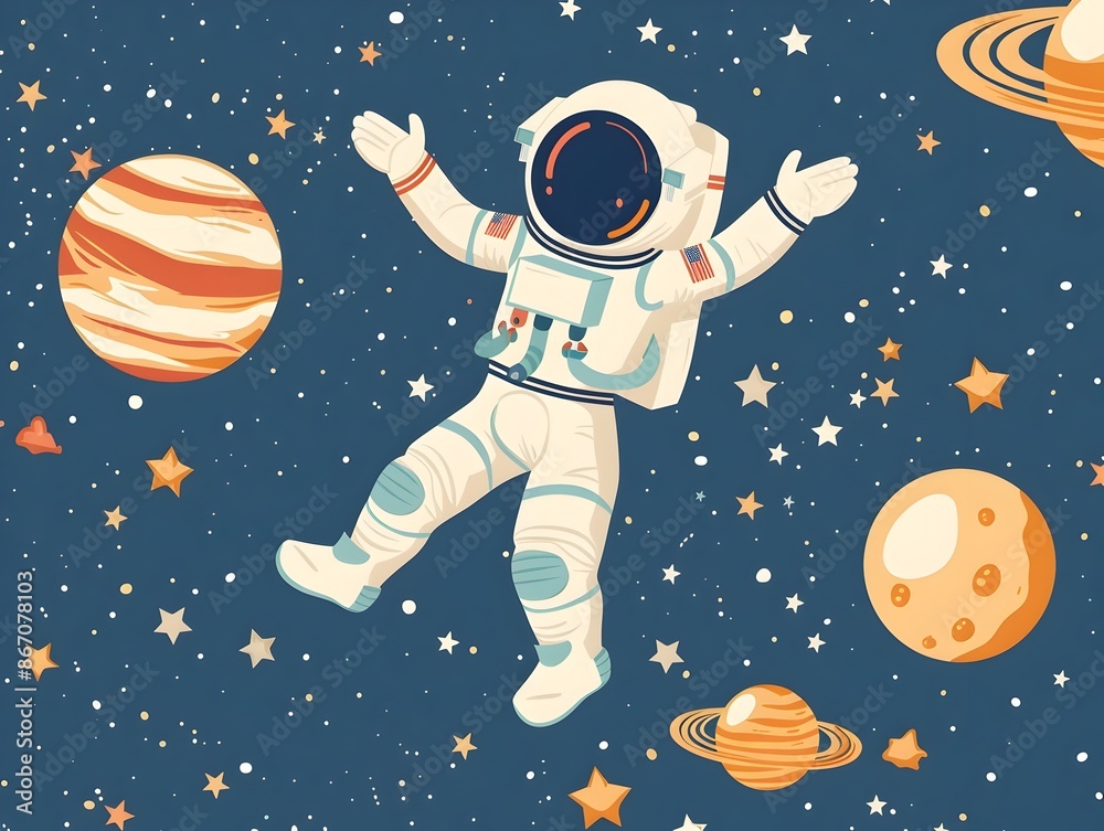 Wall mural cartoon astronaut floating in starry space with planets and celestial objects in whimsical dreamlike