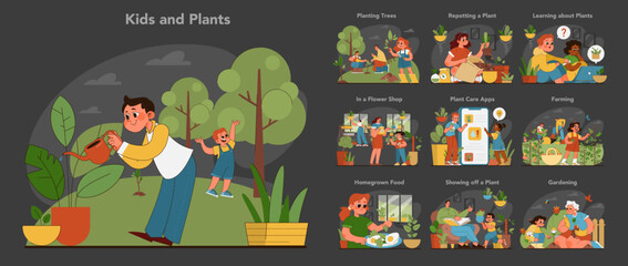 Fototapeta premium Kids and plants set. Flat vector illustration