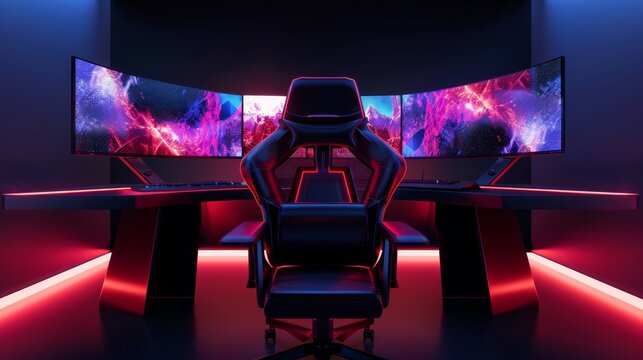 Futuristic Gaming Setup with Triple Monitors and Neon Lights - Generative AI