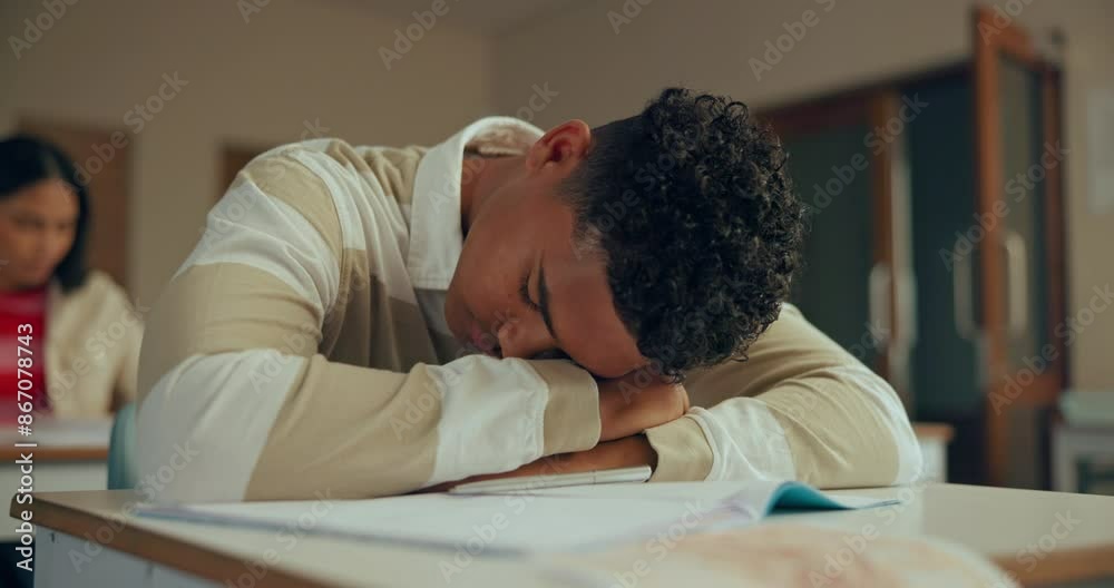 Poster High school, burnout or tired boy sleeping n classroom with fatigue, risk or exhausted by studying pressure. Education, learning or bored gen z student with desk nap, dreaming or test, exam or stress