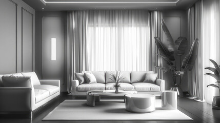 A contemporary living room with clean lines, featuring a monochromatic theme of grayscale tones, sleek furniture, and subtle metallic accents, creating an elegant and sophisticated ambiance.