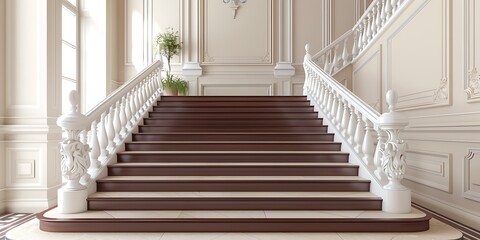 Classic staircase with mahogany steps, ornate white railings, and a soft, cream-colored wall, creating a timeless elegance.