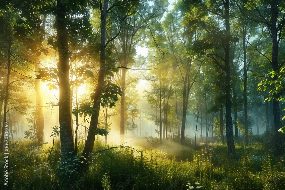 Poster A serene forest landscape with trees illuminated by the first rays of dawn. The mist creates a mystical atmosphere, ideal for eco-friendly projects. Generative AI