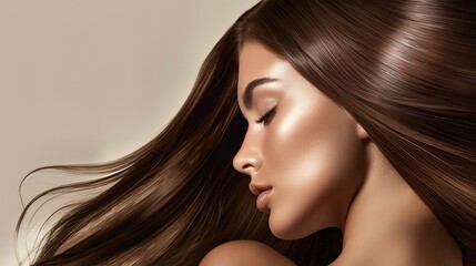 Fototapeta premium Serene portrait of a woman with flowing brown hair