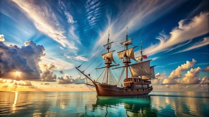 Venerable old Portuguese caravel sailing vessel under full sail on tranquil azure waters amidst gentle wispy cloud formations.