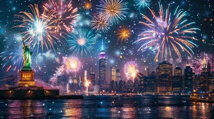 A city skyline with a statue of liberty in the foreground