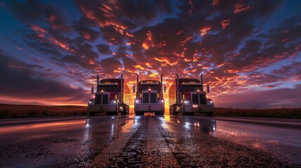 Stunning Sunset with Three Semi Trucks on Wet Road - Generative AI