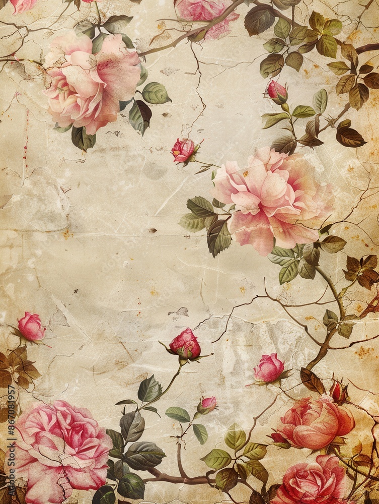 Wall mural A vintage floral wallpaper pattern with pink roses on an antique paper background. Generative AI