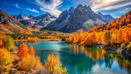 Obraz premium Vibrant orange aspens surround serene turquoise lake nestled among rugged granite peaks under crystal clear blue autumn mountain sky.