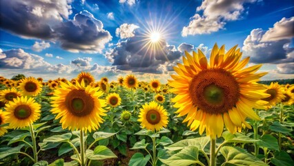 Obraz premium Vibrant yellow sunflowers in a lush green field under a bright blue sky with fluffy white clouds.