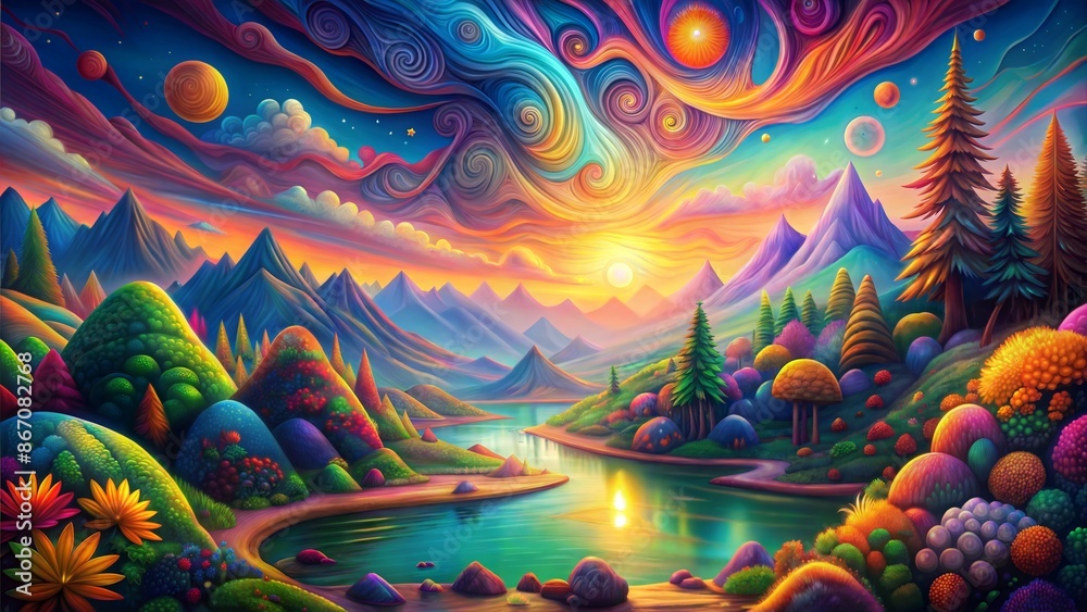 Wall mural abstract psychedelic painting of colorful landscape