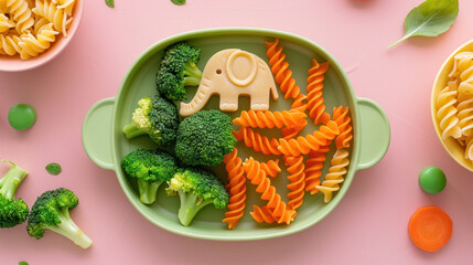 Fun and healthy meal for kids featuring broccoli, pasta, and a cheese elephant, ideal for picky eaters