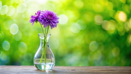 Glass vase with purple tricolor flower on blurred light green background, glass vase, purple flower, tricolor