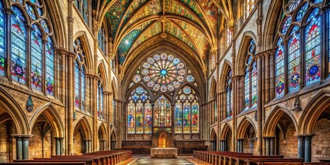 Fototapeta premium Gothic style cathedral with striking stained glass windows and intricate stone carvings, St Andrews, cathedral