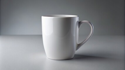 Obraz premium Isolated elegant white ceramic mug on a soft grey background, perfect for showcasing your design or branding concept.
